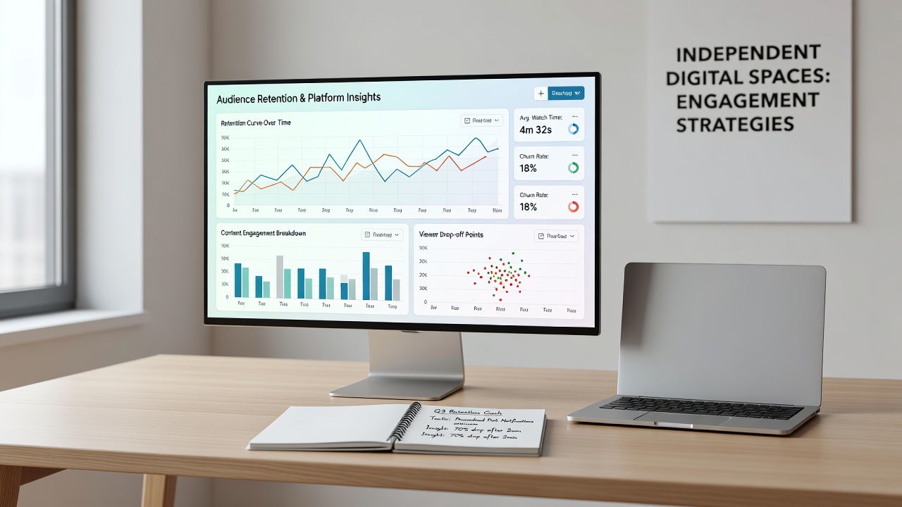 Visualization of audience cohort retention curves and content performance heatmaps in digital platform dashboards