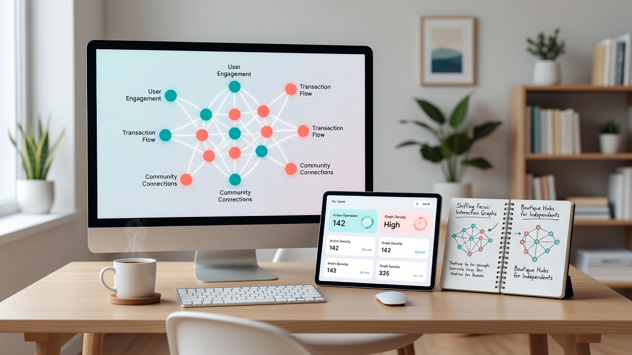 Network diagram illustrating interaction patterns and cluster formations within a boutique online community for solo operators